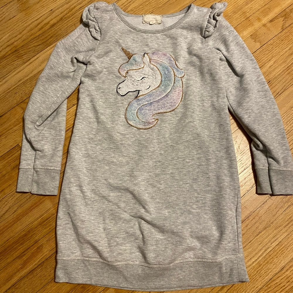 Bkind girl size 7 Tunic Sweater Dress Gray Unicorn Ruffle Sleeves